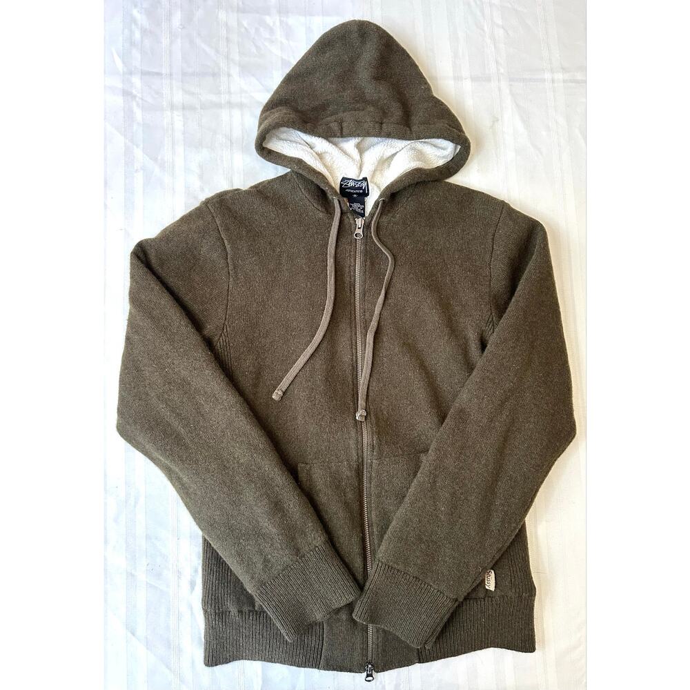 STUSSY Lambswool Knit Zip Up Hoodie Men's Medium Green Sherpa Lined Sweater